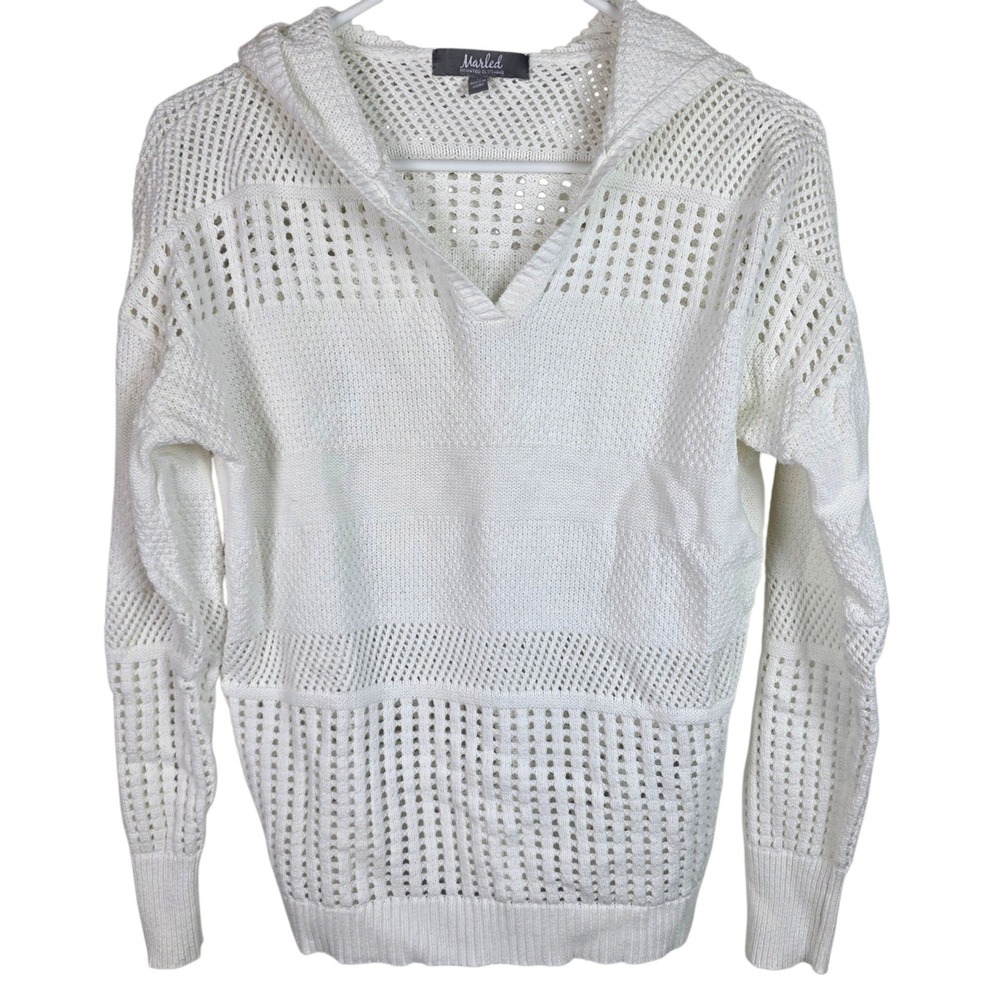 Marled Reunited Clothing Hoodie Women Medium White Good Open Knit V-Neck Sweater
